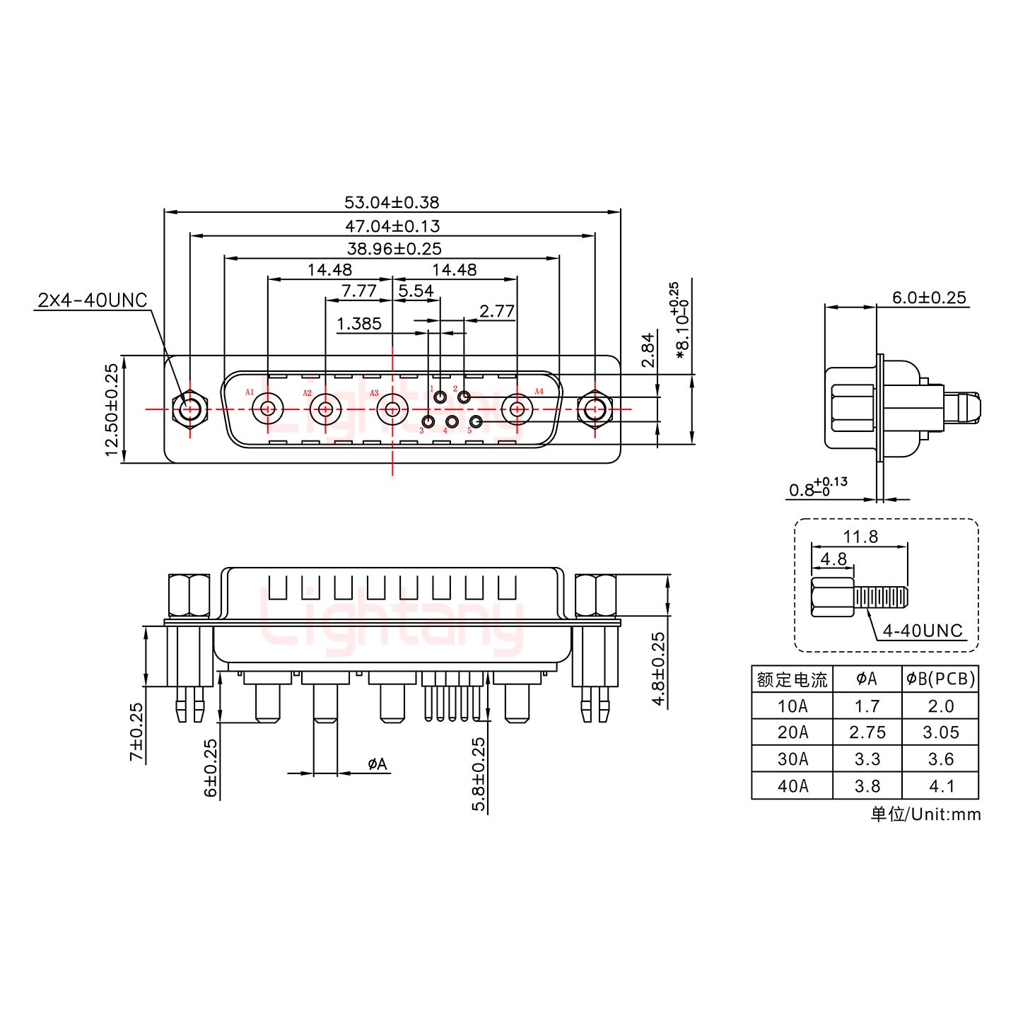 9W4公PCB直插板/铆鱼叉7.0/大电流10A