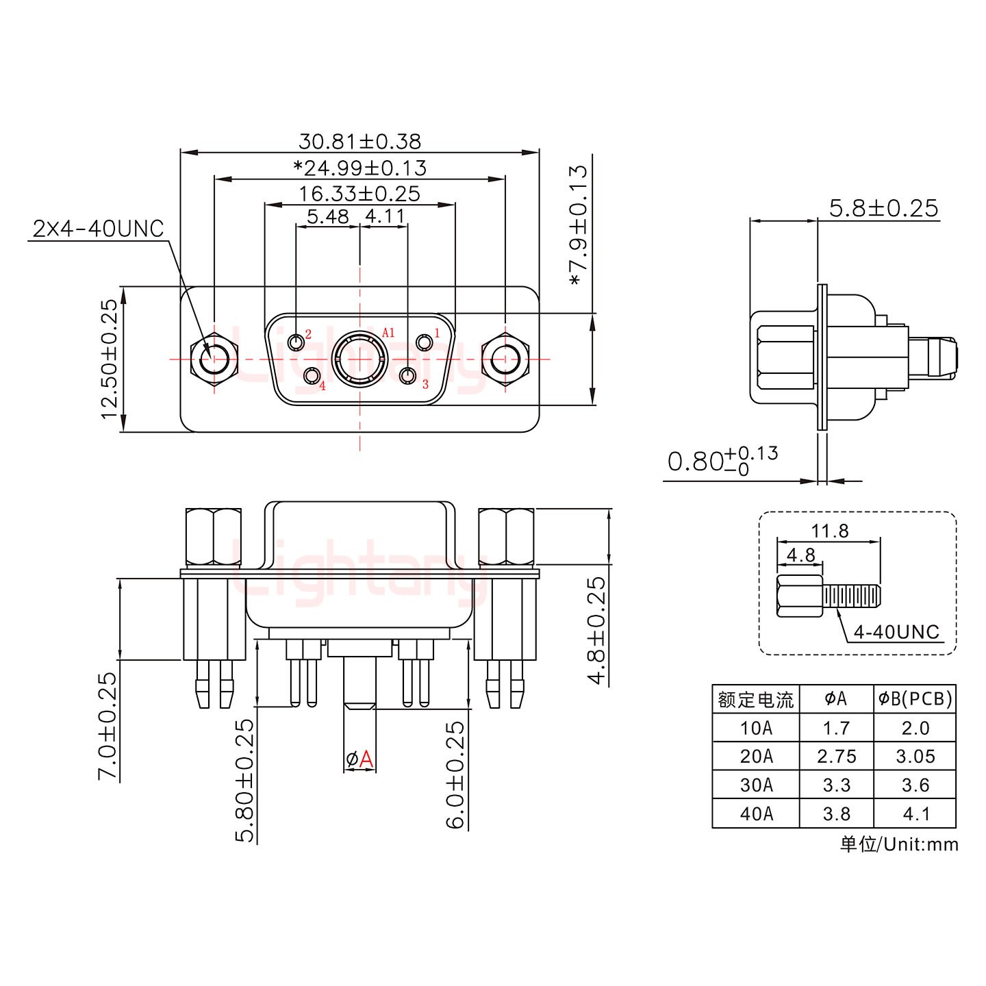 5W1母PCB直插板/铆鱼叉7.0/大电流10A
