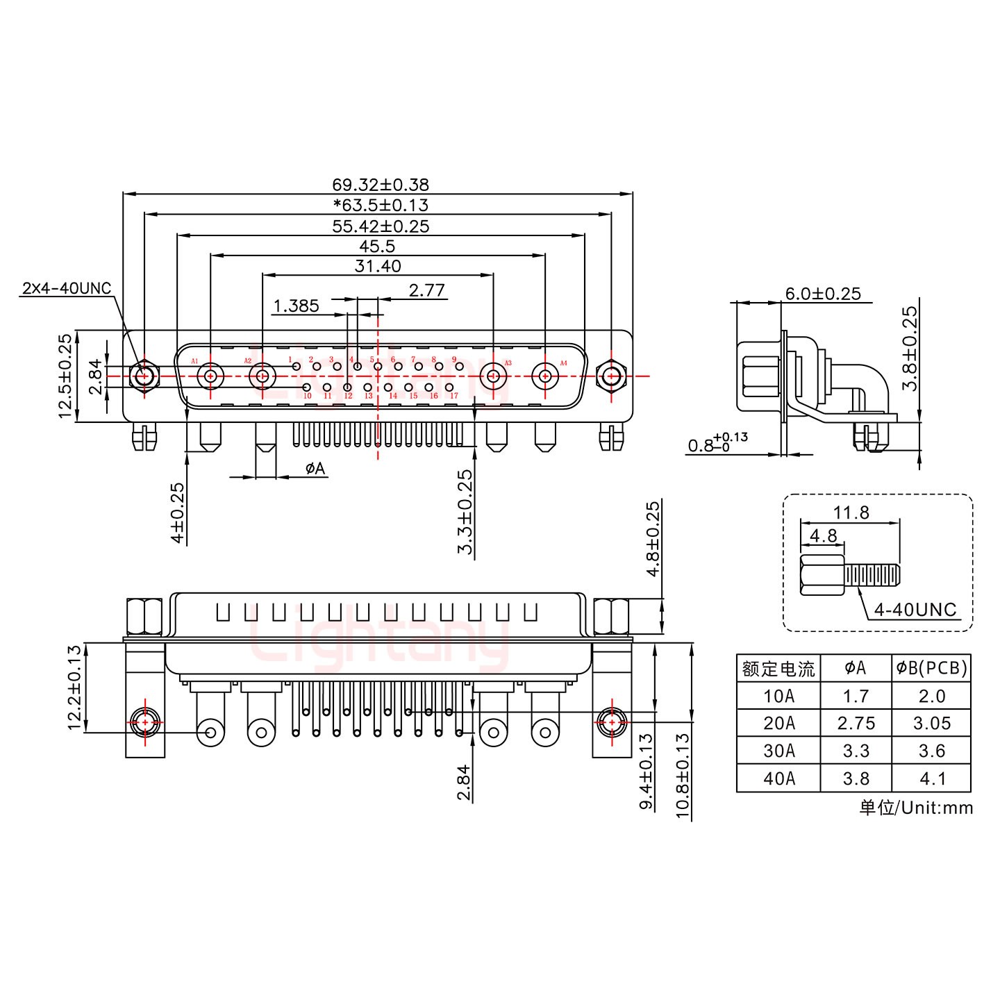 21W4公PCB弯插板/铆支架10.8/大电流10A