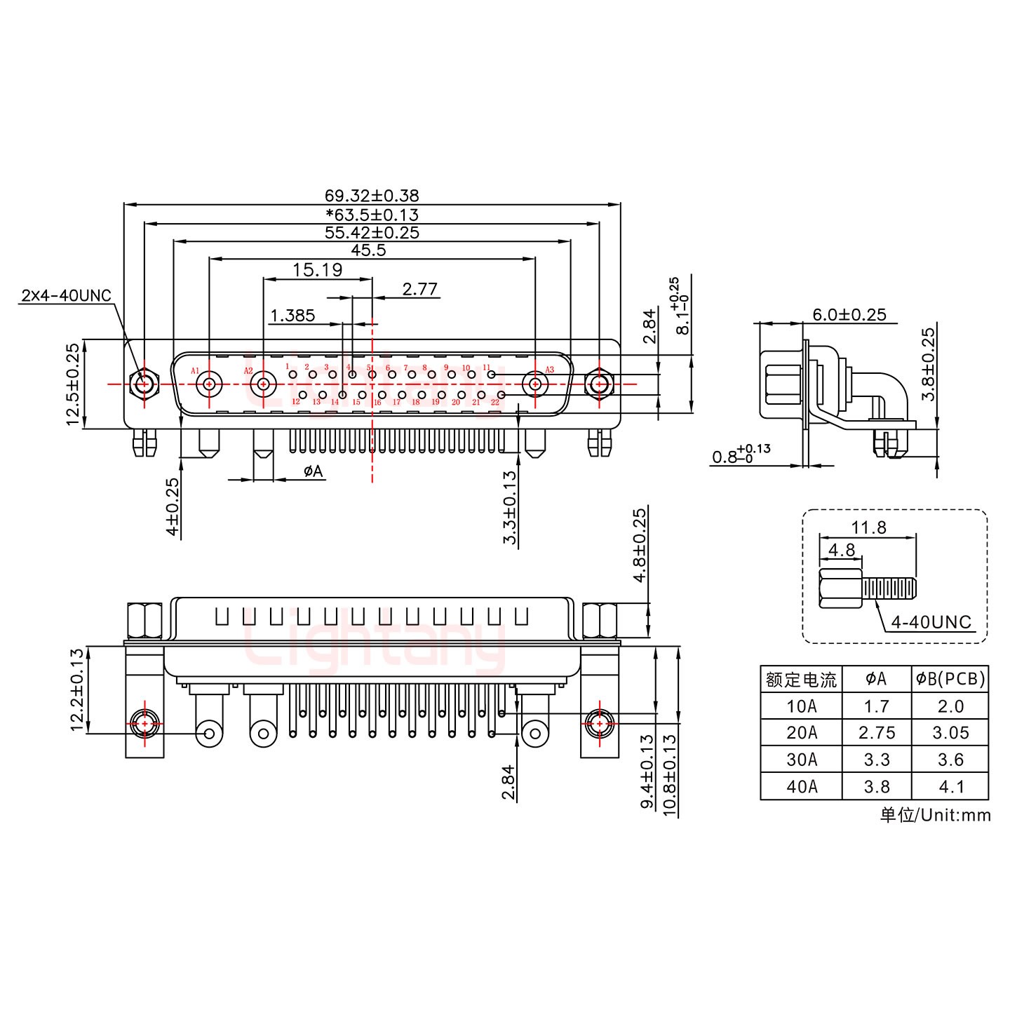 25W3公PCB弯插板/铆支架10.8/大电流10A