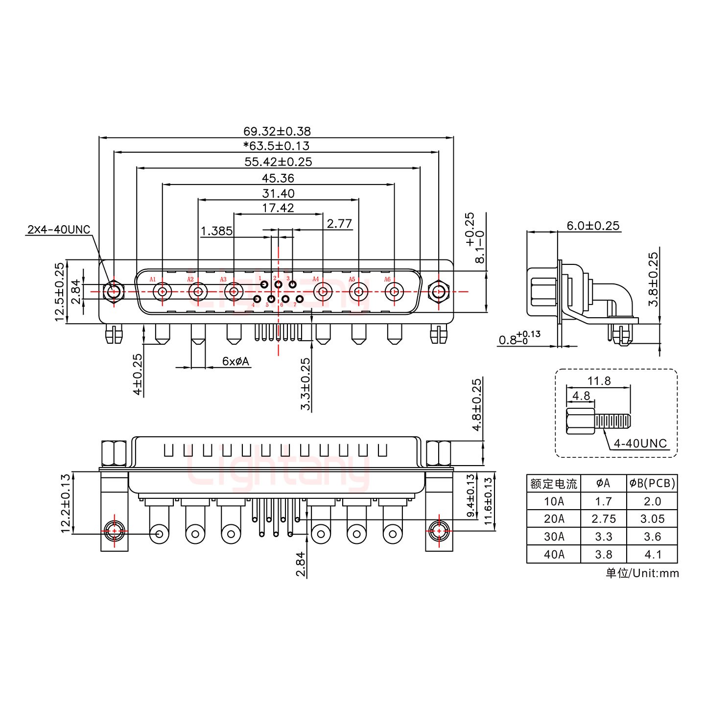 13W6A公PCB弯插板/铆支架11.6/大电流40A