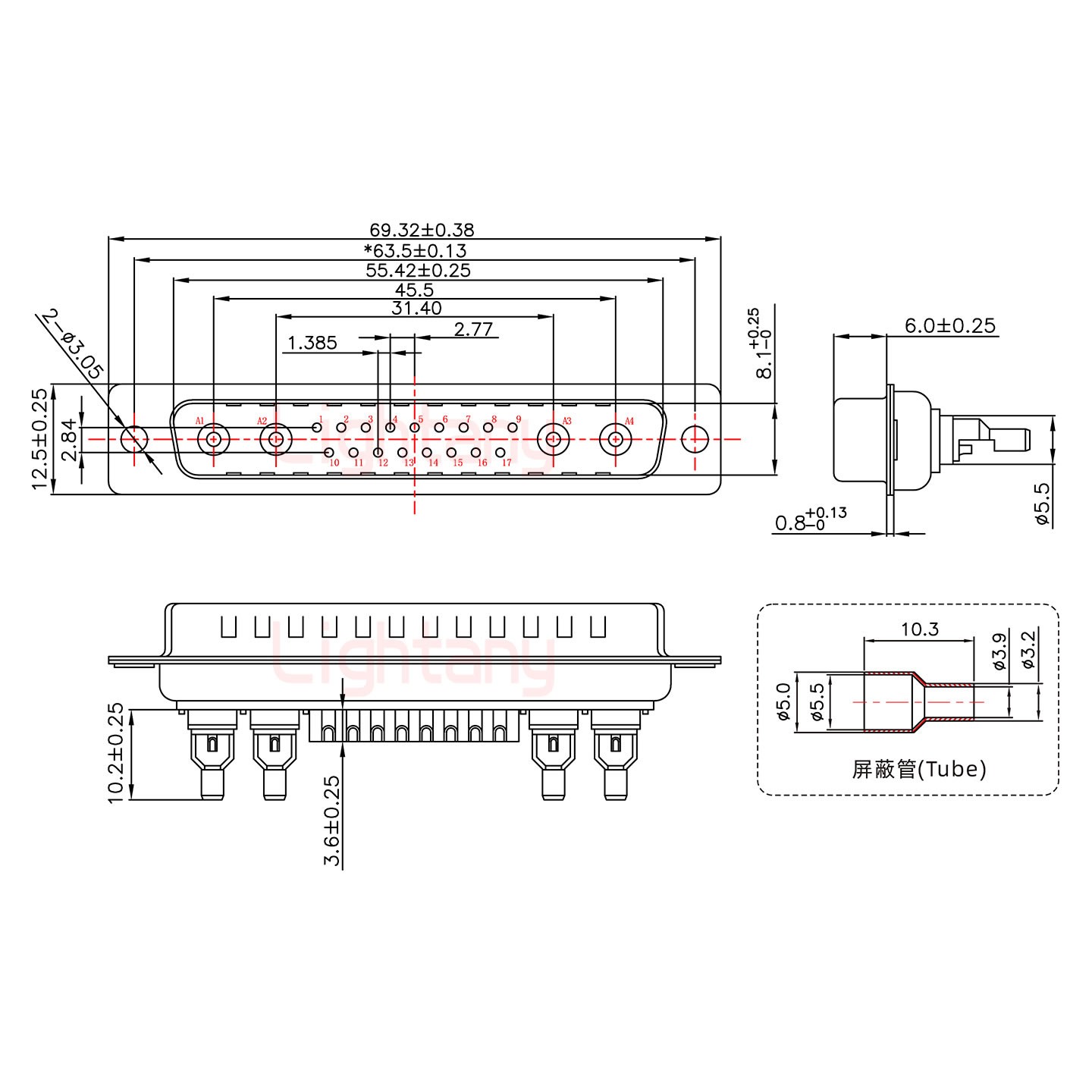 21W4公焊线式50欧姆+37P金属外壳2185直出线4~12mm