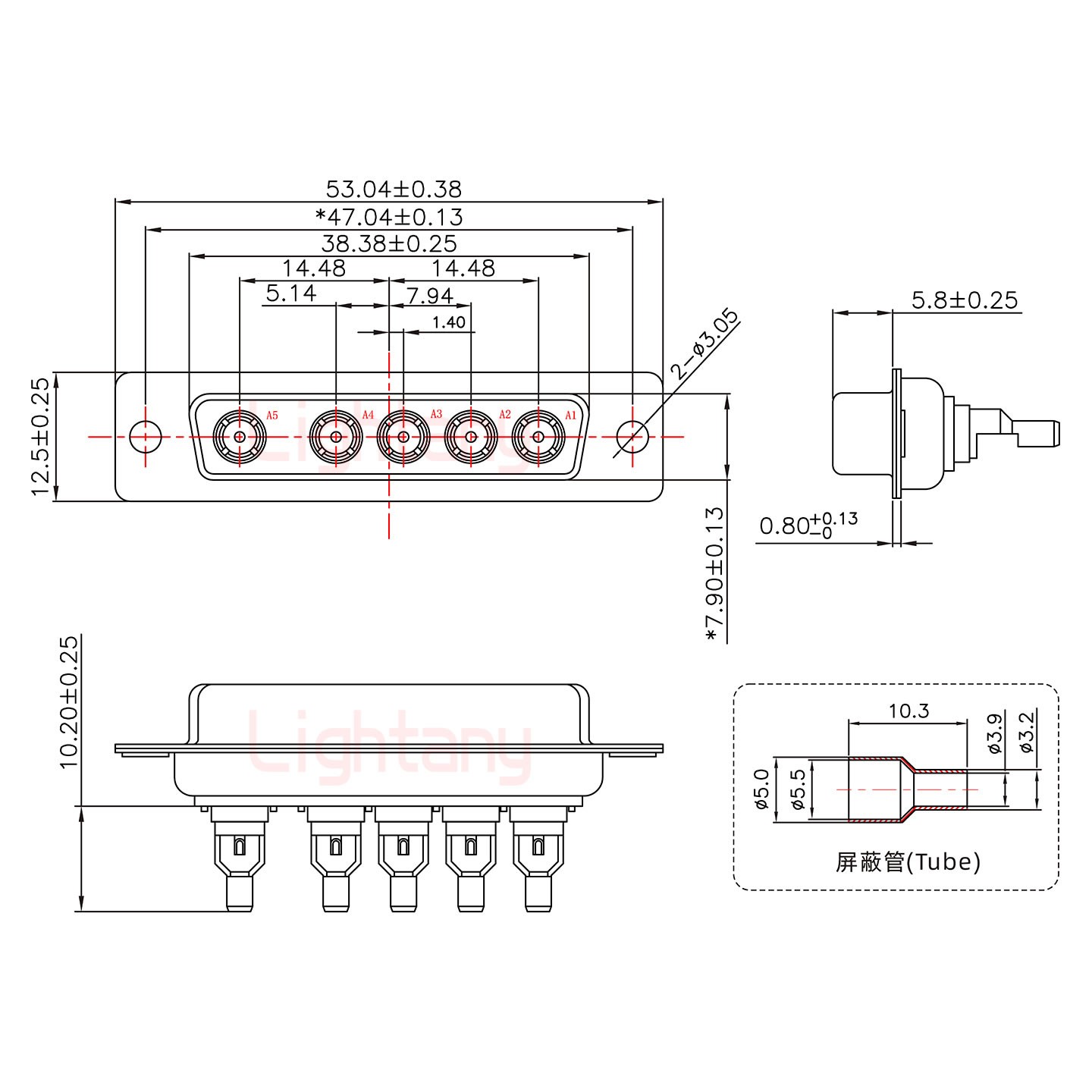 5W5母焊线式50欧姆+25P金属外壳1657直出线4~12mm