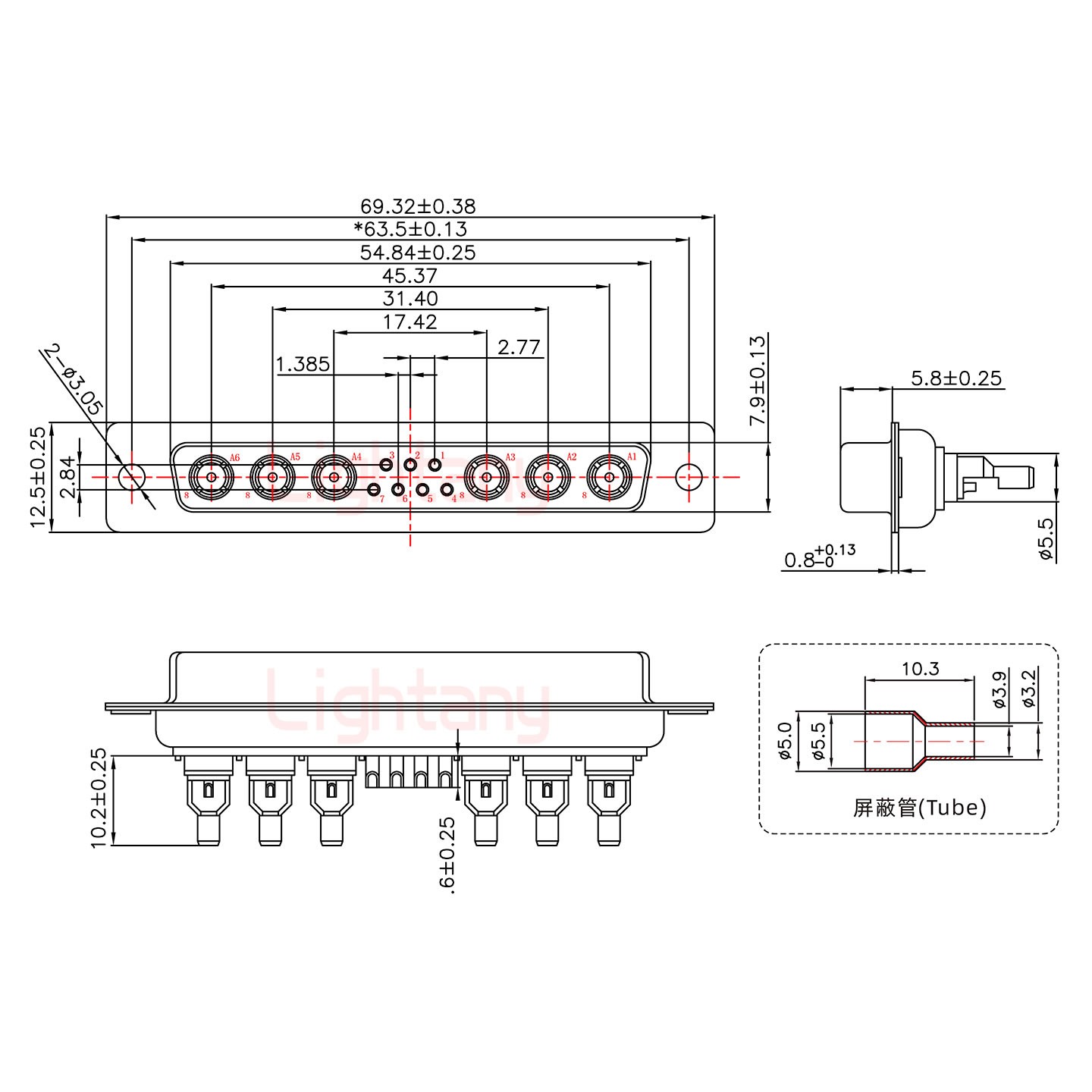 13W6A母焊线式50欧姆+37P金属外壳2185直出线4~12mm