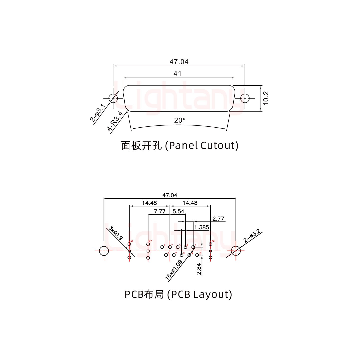 13W3公PCB直插板/铆鱼叉7.0/射频同轴50欧姆
