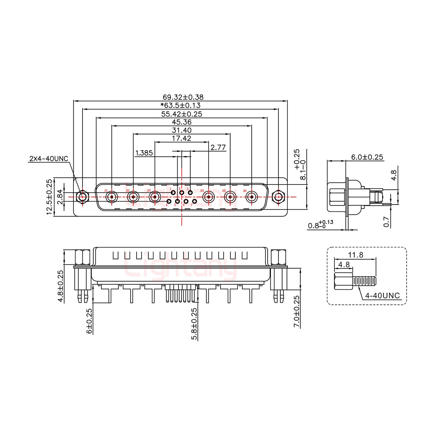 13W6A公PCB直插板/铆鱼叉7.0/射频同轴75欧姆