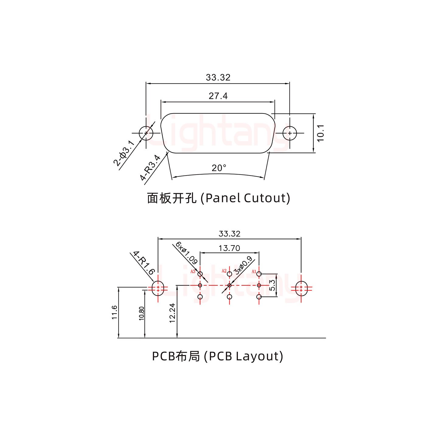 3W3母PCB弯插板/铆支架10.8/射频同轴75欧姆