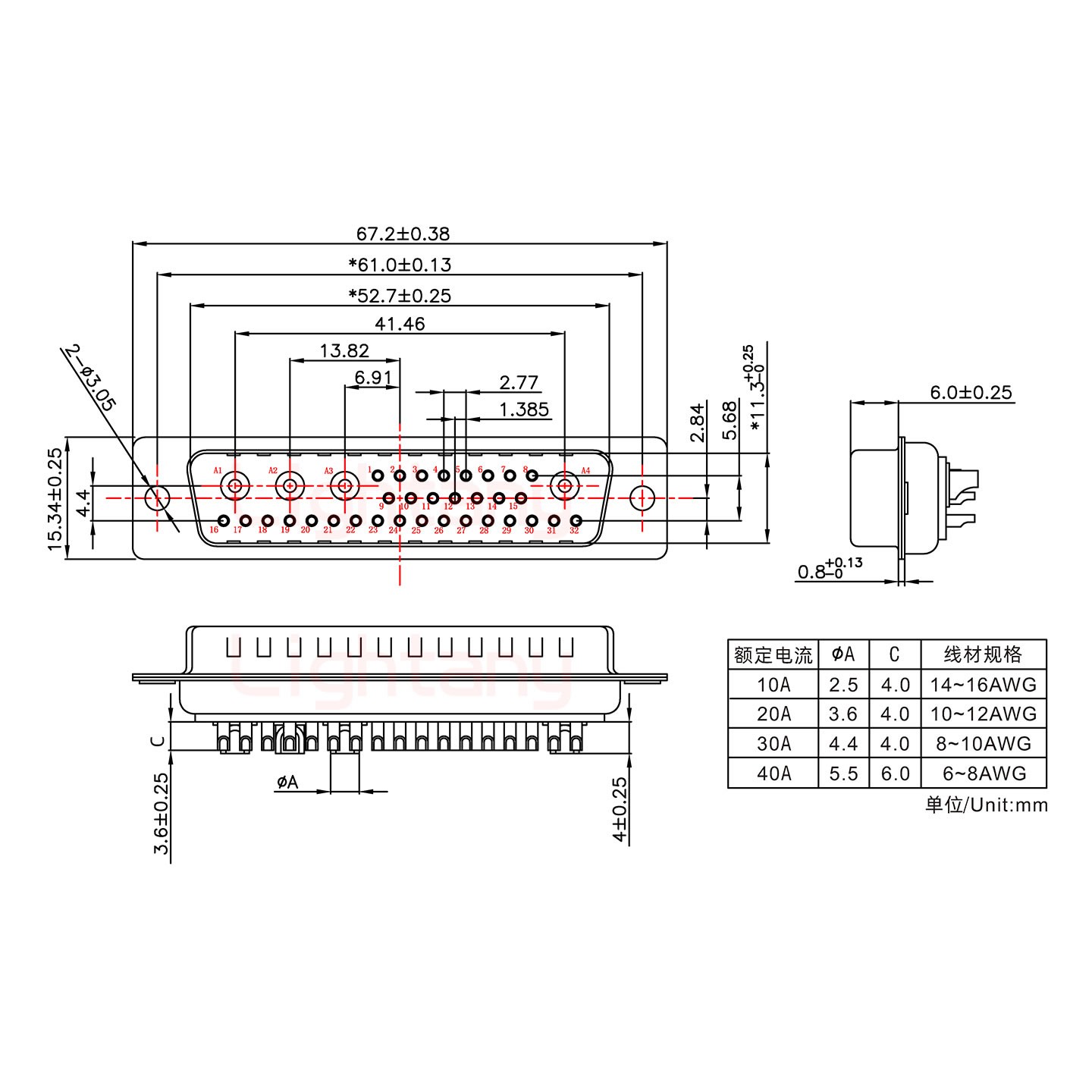36W4公短体焊线10A+50P金属外壳2252三个出线孔12mm