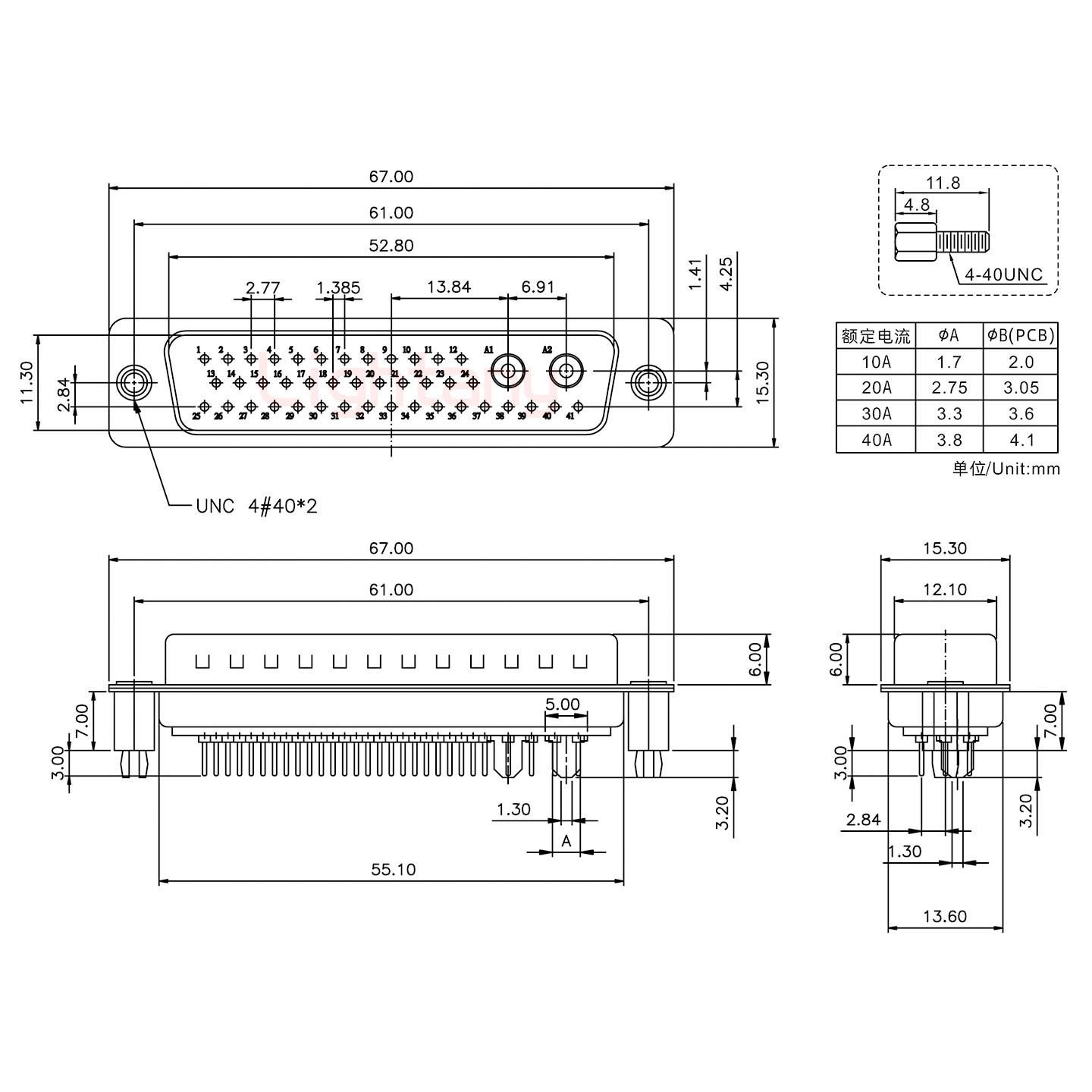 43W2公PCB直插板/铆鱼叉7.0/大电流40A