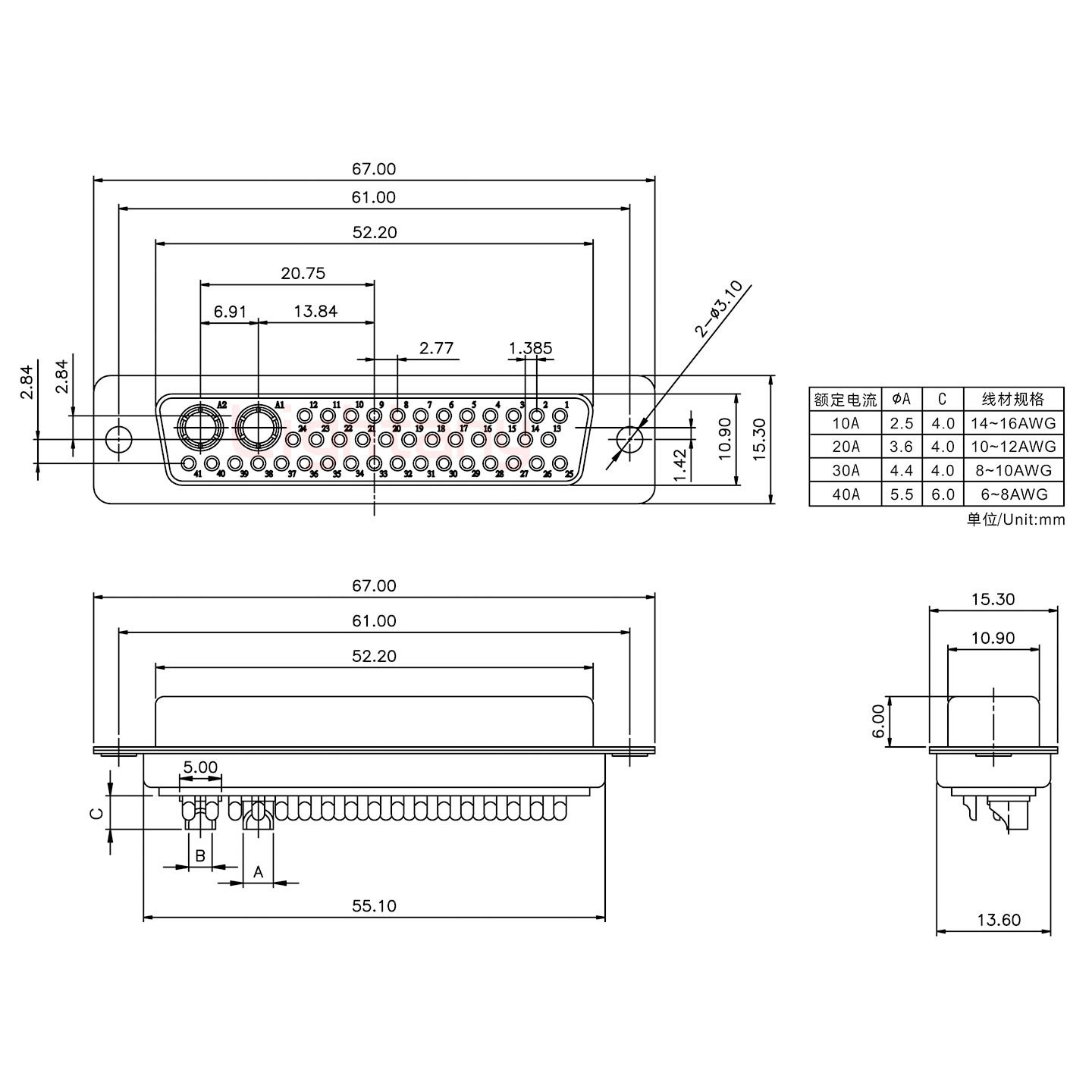 43W2母短体焊线20A+50P金属外壳1745弯出线4~12mm