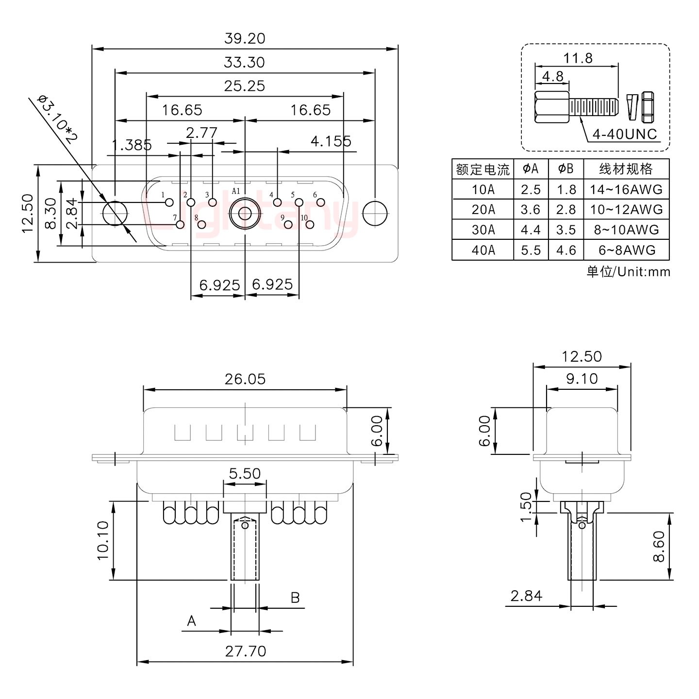 11W1公压线式/配螺丝螺母/大电流20A