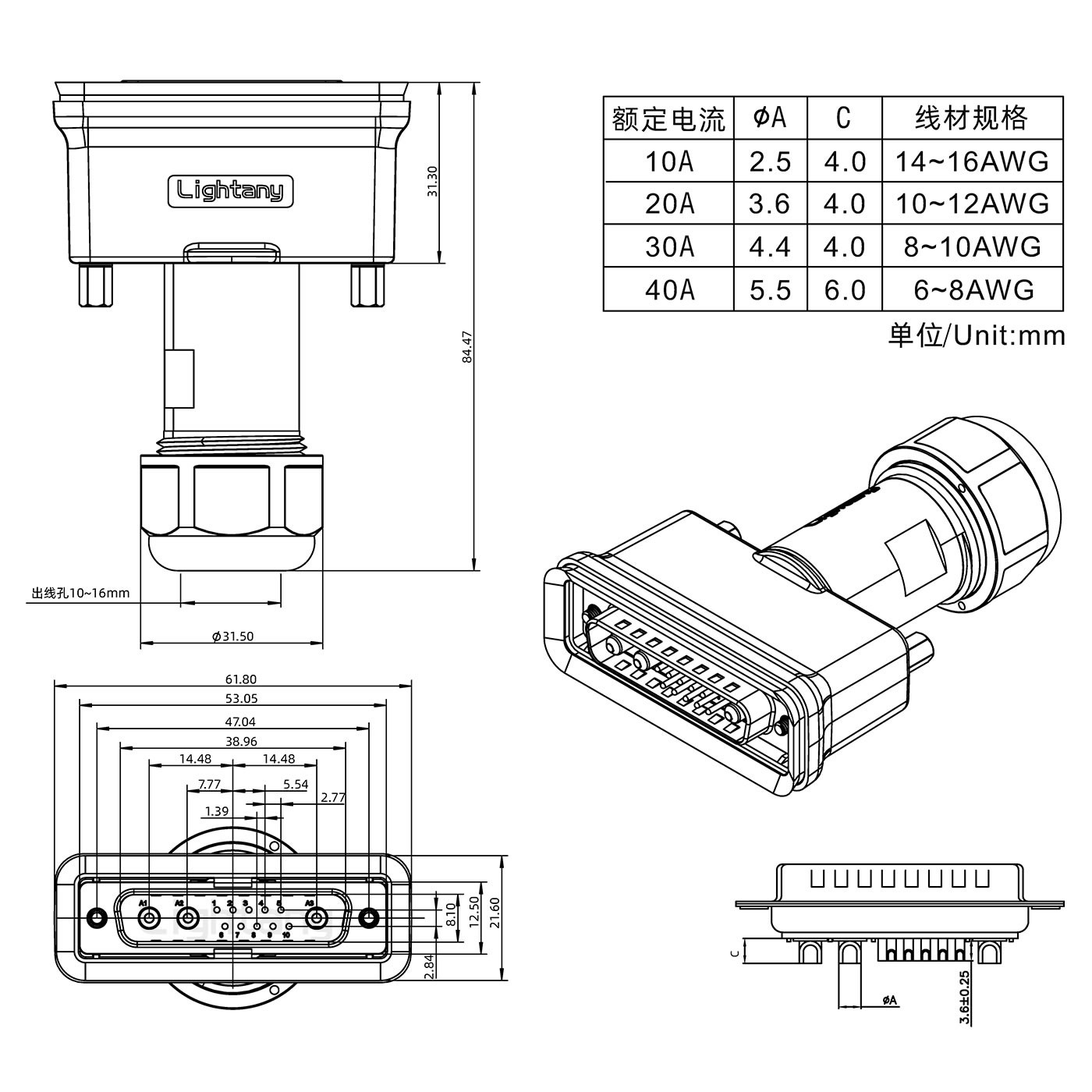13W3公头焊线+防水接头/线径10~16mm/大电流40A