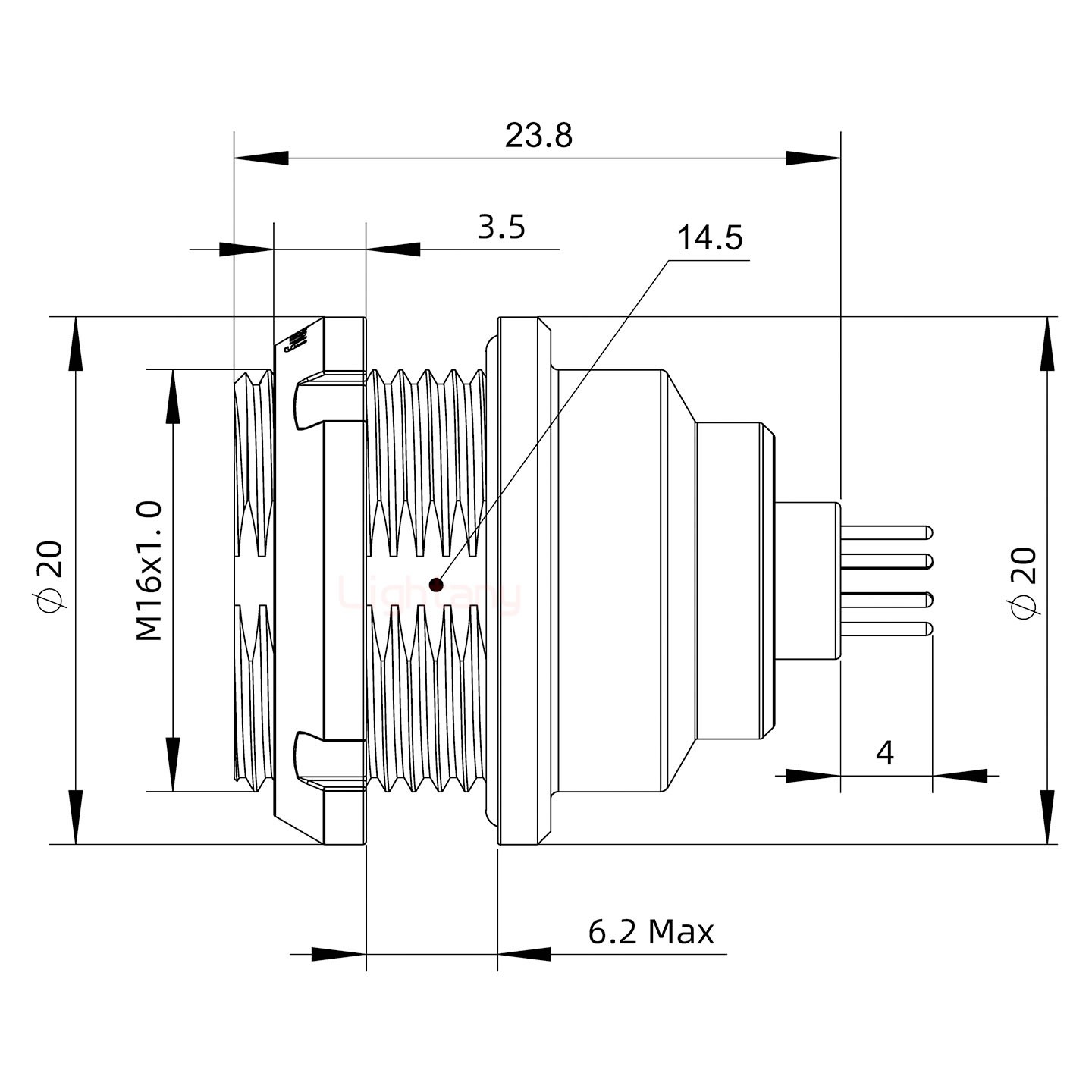 EEG.1K.016.CLN推拉自锁前螺母插座 PCB直插板
