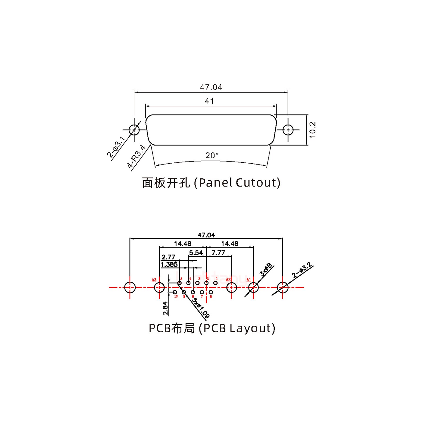 13W3母PCB直插板/铆鱼叉7.0/大电流30A