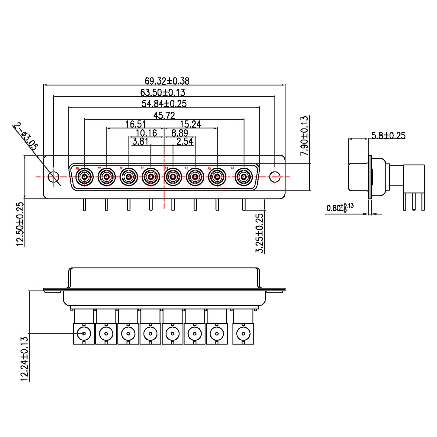 8W8母+公针PCB弯插板 射频同轴75欧姆